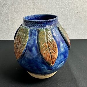 Handmade Studio Pottery Vase Blue Glaze with Leaf Relief Design Signed by Artist
